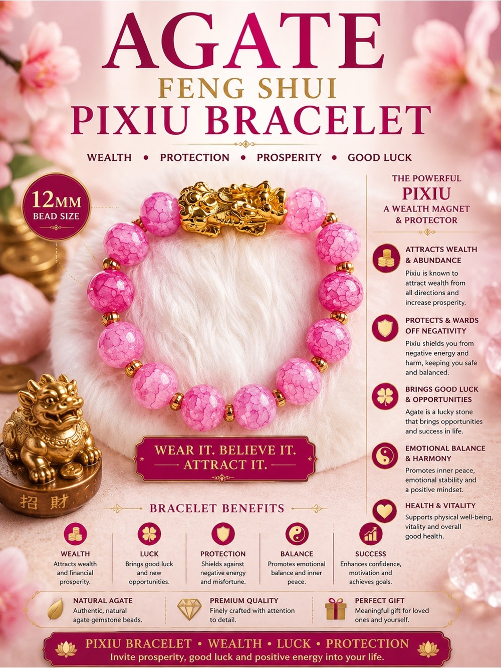 Agate Feng Shui Pixiu Bracelet - Pink & Gold